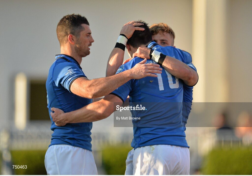 17 May 2013; Ian Madigan, Leinster, is congratulated by team-mates Rob Kearney, left, and Jonathan Sexton, after he scored his side's first try. Amlin Challenge Cup Final 2012/13, Leinster v Stade Francais, RDS, Ballsbridge, Dublin. Picture credit: Matt Browne / SPORTSFILE
