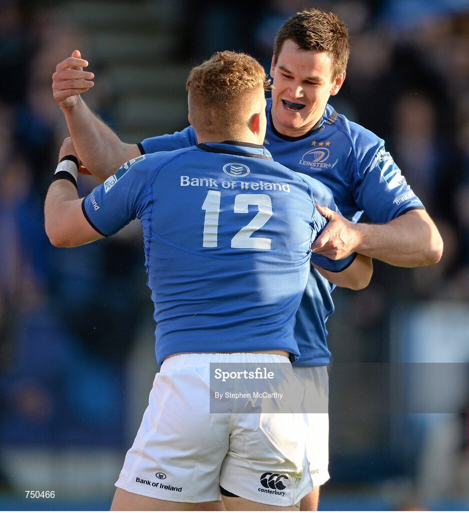 17 May 2013; Ian Madigan, Leinster, celebrates with team-mate Jonathan Sexton after scoring his side's first try. Amlin Challenge Cup Final 2012/13, Leinster v Stade Francais, RDS, Ballsbridge, Dublin. Picture credit: Stephen McCarthy / SPORTSFILE