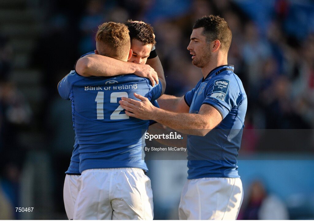 17 May 2013; Ian Madigan, Leinster, celebrates with team-mates Jonathan Sexton, behind, and Rob Kearney after scoring his side's first try. Amlin Challenge Cup Final 2012/13, Leinster v Stade Francais, RDS, Ballsbridge, Dublin. Picture credit: Stephen McCarthy / SPORTSFILE