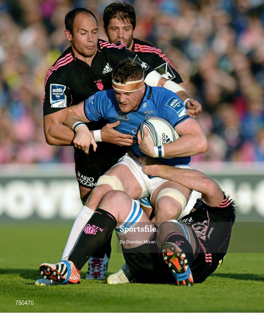 17 May 2013; Jamie Heaslip, Leinster, is tackled by Sergio Parisse, left, and David Lyons, Stade Francais. Amlin Challenge Cup Final 2012/13, Leinster v Stade Francais, RDS, Ballsbridge, Dublin. Picture credit: Brendan Moran / SPORTSFILE