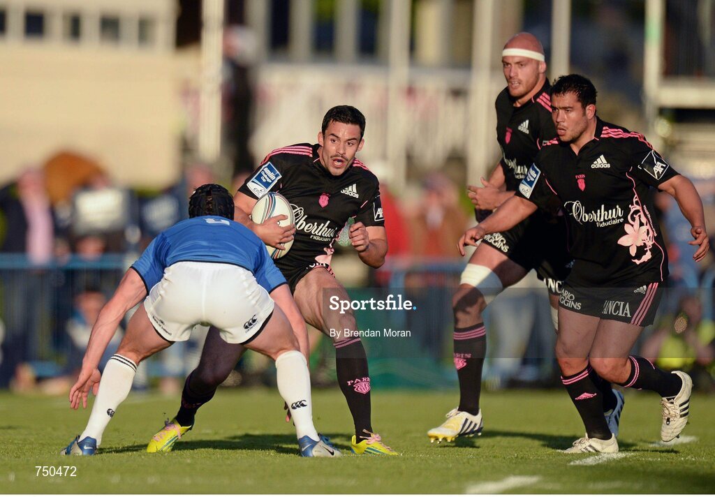 17 May 2013; Geoffrey Doumayrou, Stade Francais, is tackled by Rhys Ruddock, Leinster. Amlin Challenge Cup Final 2012/13, Leinster v Stade Francais, RDS, Ballsbridge, Dublin. Picture credit: Brendan Moran / SPORTSFILE
