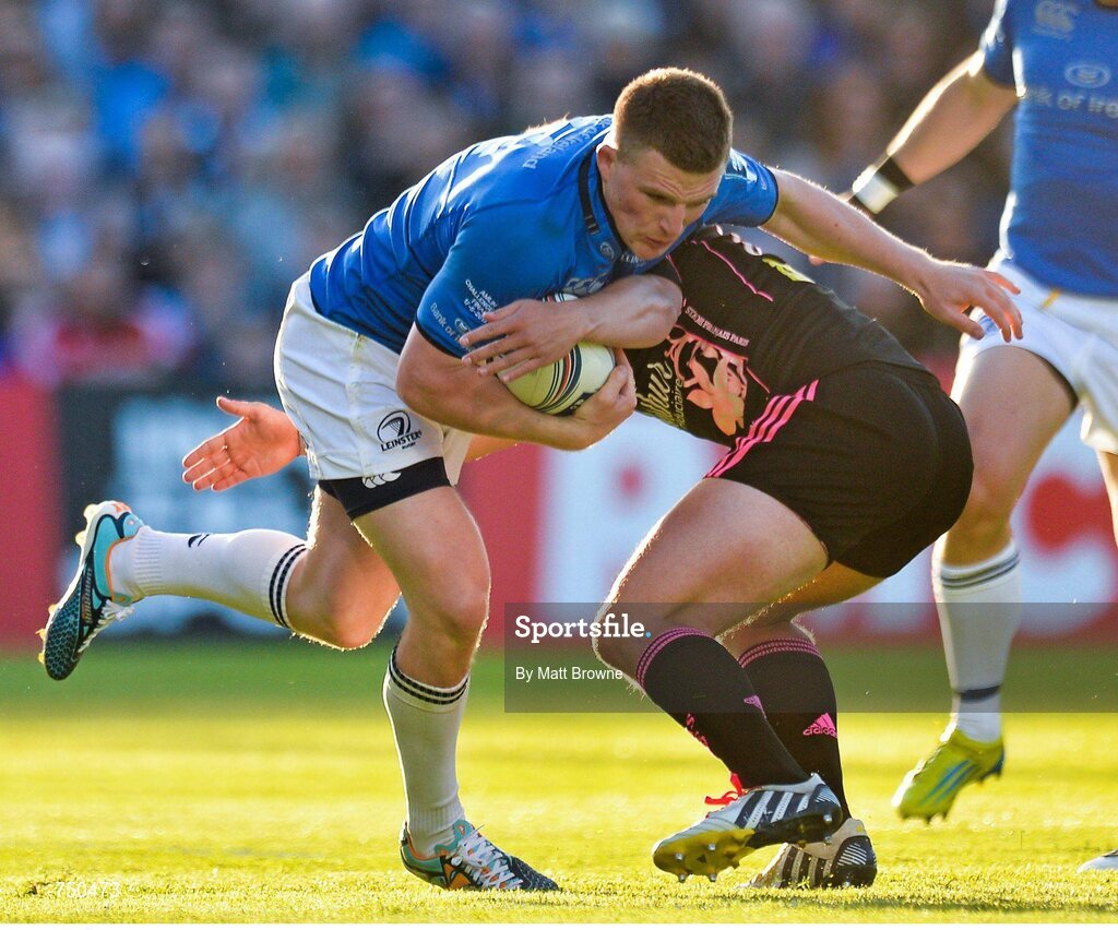 17 May 2013; Andrew Conway, Leinster, is tackled by David Lyons, Stade Francais. Amlin Challenge Cup Final 2012/13, Leinster v Stade Francais, RDS, Ballsbridge, Dublin. Picture credit: Matt Browne / SPORTSFILE