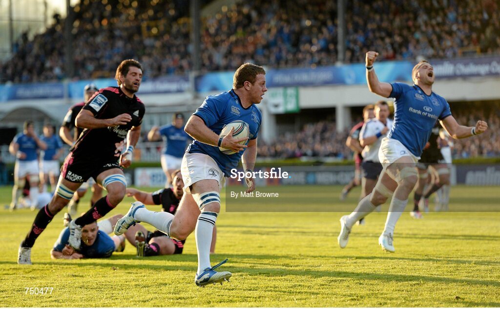 17 May 2013; Sean Cronin, Leinster, goes over to score his side's second try, as team-mate Jamie Heaslip celebrates. Amlin Challenge Cup Final 2012/13, Leinster v Stade Francais, RDS, Ballsbridge, Dublin. Picture credit: Matt Browne / SPORTSFILE