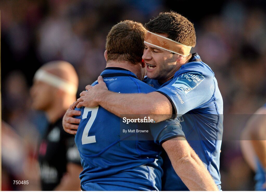17 May 2013; Sean Cronin, Leinster, is congratulated by team-mate Fergus McFadden, left, after scoring his side's second try. Amlin Challenge Cup Final 2012/13, Leinster v Stade Francais, RDS, Ballsbridge, Dublin. Picture credit: Matt Browne / SPORTSFILE