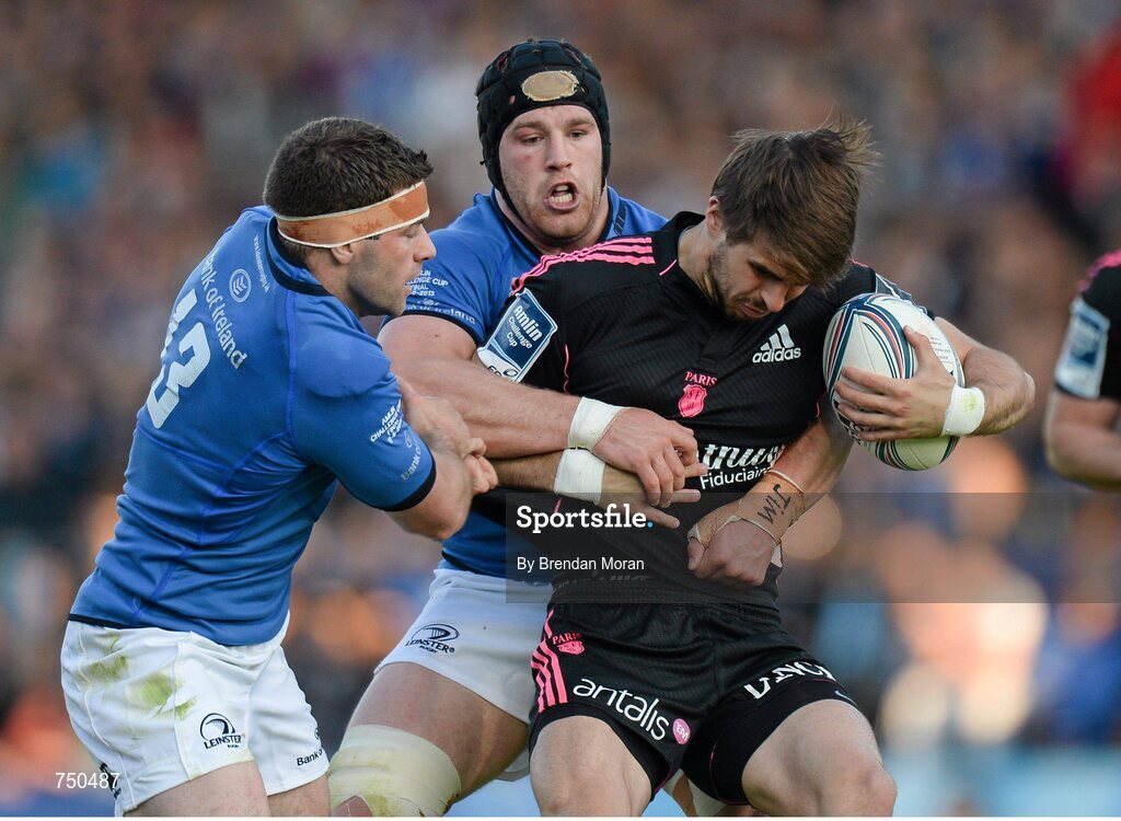 17 May 2013; Hugo Bonneval, Stade Francais, is tackled by Fergus McFadden, left, and Sean O'Brien, Leinster. Amlin Challenge Cup Final 2012/13, Leinster v Stade Francais, RDS, Ballsbridge, Dublin. Picture credit: Brendan Moran / SPORTSFILE