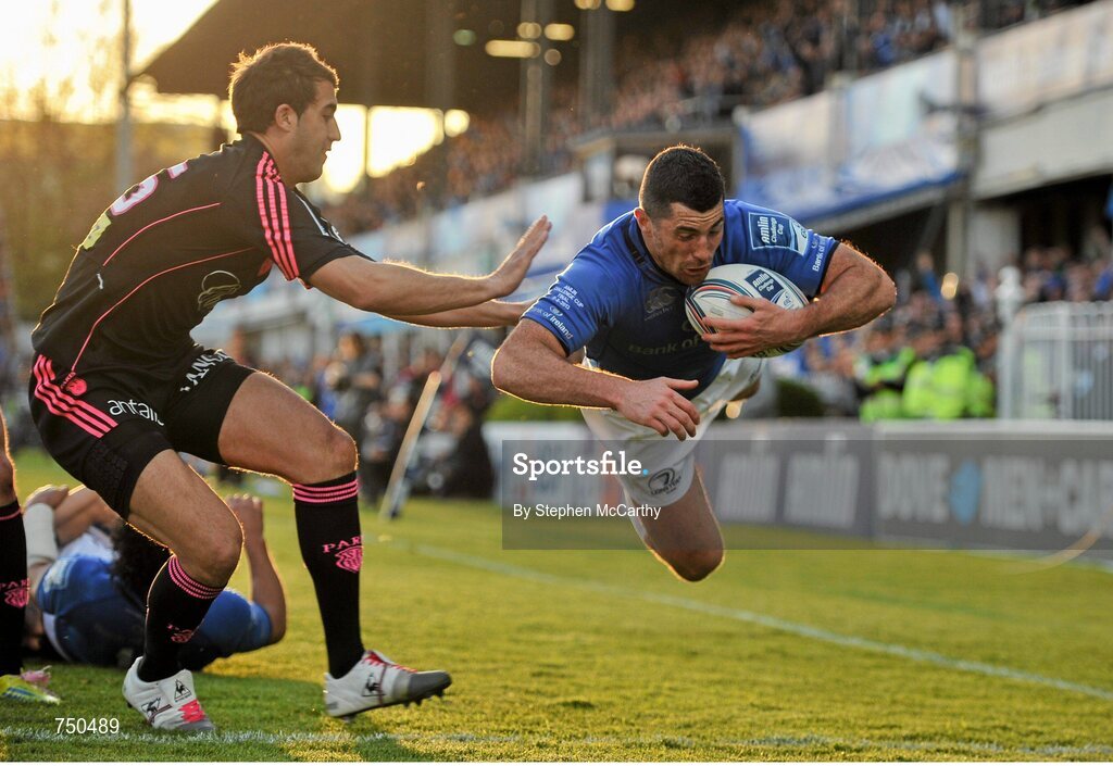 17 May 2013; Rob Kearney, Leinster, goes over to score his side's third try despite the attention of Jérôme Porical, Stade Francais. Amlin Challenge Cup Final 2012/13, Leinster v Stade Francais, RDS, Ballsbridge, Dublin. Picture credit: Stephen McCarthy / SPORTSFILE