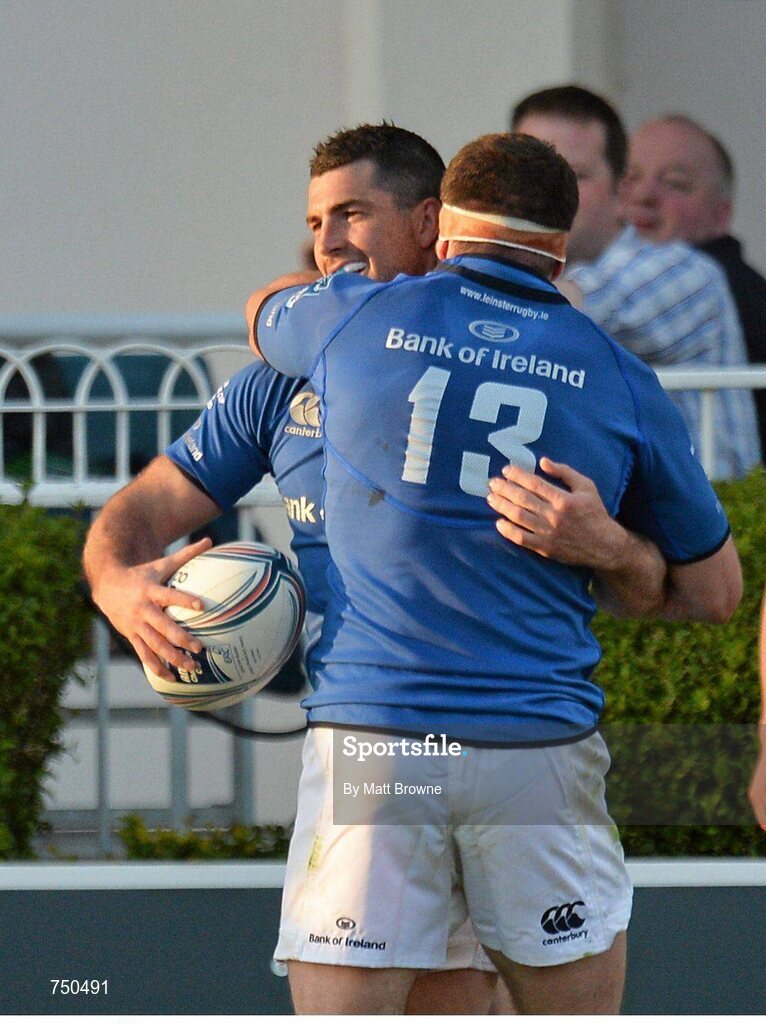 17 May 2013; Leinster's Rob Kearney is congratulated by team-mate Fergus McFadden after scoring his side's third try. Amlin Challenge Cup Final 2012/13, Leinster v Stade Francais, RDS, Ballsbridge, Dublin. Picture credit: Matt Browne / SPORTSFILE
