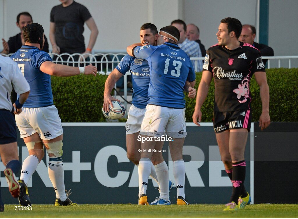 17 May 2013; Leinster's Rob Kearney is congratulated by team-mate Fergus McFadden after scoring his side's third try. Amlin Challenge Cup Final 2012/13, Leinster v Stade Francais, RDS, Ballsbridge, Dublin. Picture credit: Matt Browne / SPORTSFILE