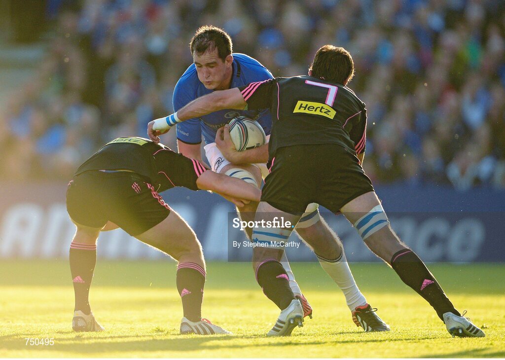 17 May 2013; Devin Toner, Leinster, is tackled by Jules Plisson, left, and Pierre Rabadan, Stade Francais. Amlin Challenge Cup Final 2012/13, Leinster v Stade Francais, RDS, Ballsbridge, Dublin. Picture credit: Stephen McCarthy / SPORTSFILE