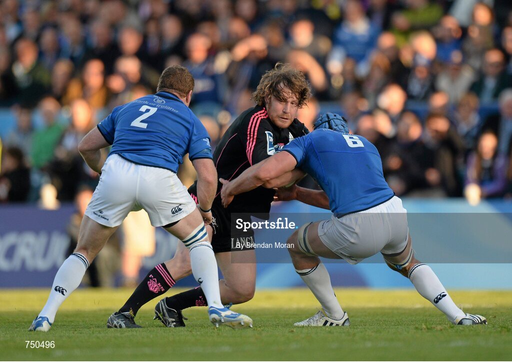 17 May 2013; Aled De Malmanche, Stade Francais, is tackled by Sean Cronin, left, and Rhys Ruddock, Leinster. Amlin Challenge Cup Final 2012/13, Leinster v Stade Francais, RDS, Ballsbridge, Dublin. Picture credit: Brendan Moran / SPORTSFILE
