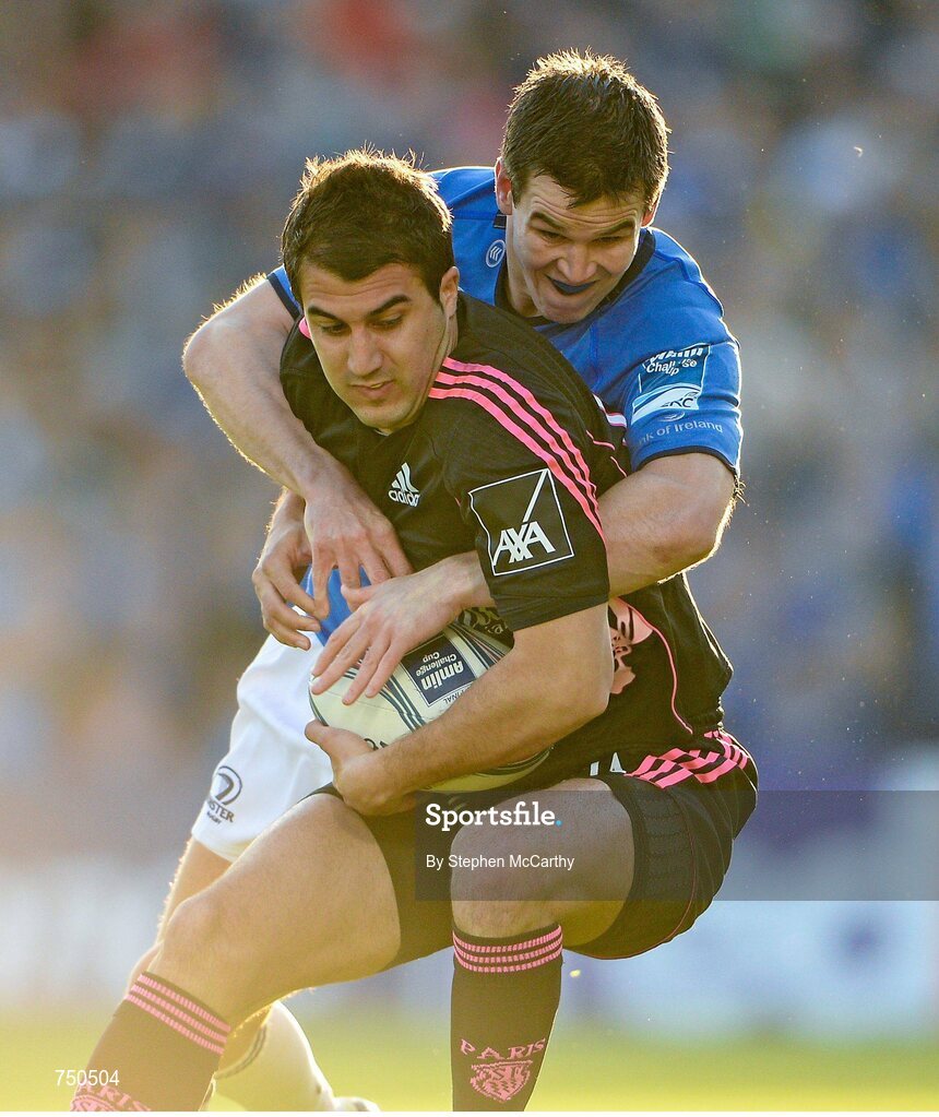 17 May 2013; Jérôme Porical, Stade Francais, is tackled by Jonathan Sexton, Leinster. Amlin Challenge Cup Final 2012/13, Leinster v Stade Francais, RDS, Ballsbridge, Dublin. Picture credit: Stephen McCarthy / SPORTSFILE