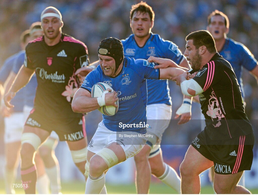 17 May 2013; Sean O'Brien, Leinster, is tackled by Rabah Slimani, Stade Francais. Amlin Challenge Cup Final 2012/13, Leinster v Stade Francais, RDS, Ballsbridge, Dublin. Picture credit: Stephen McCarthy / SPORTSFILE