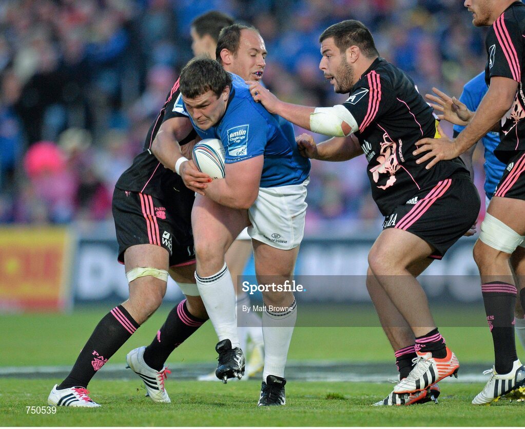 17 May 2013; Jack McGrath, Leinster, is tackled by Sergio Parisse, left, and Rabah Slimani, Stade Francais. Amlin Challenge Cup Final 2012/13, Leinster v Stade Francais, RDS, Ballsbridge, Dublin. Picture credit: Matt Browne / SPORTSFILE