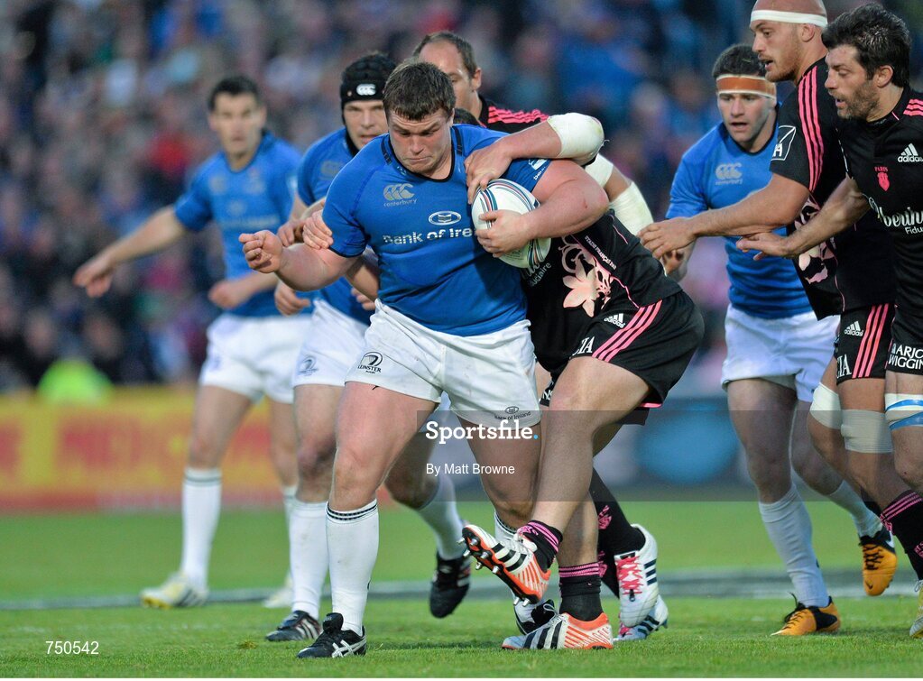 17 May 2013; Jack McGrath, Leinster, is tackled by Rabah Slimani, Stade Francais. Amlin Challenge Cup Final 2012/13, Leinster v Stade Francais, RDS, Ballsbridge, Dublin. Picture credit: Matt Browne / SPORTSFILE