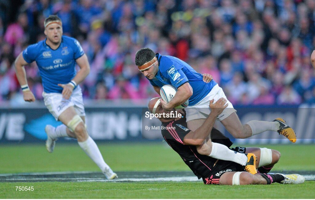 17 May 2013; Fergus McFadden, Leinster, is tackled by Scott Lavalla, Stade Francais. Amlin Challenge Cup Final 2012/13, Leinster v Stade Francais, RDS, Ballsbridge, Dublin. Picture credit: Matt Browne / SPORTSFILE