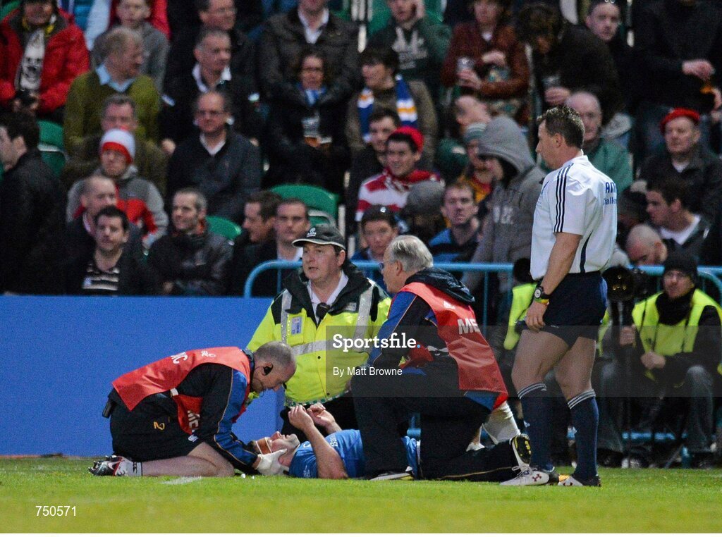 17 May 2013; Fergus McFadden, Leinster, lies on the ground with an injury. Amlin Challenge Cup Final 2012/13, Leinster v Stade Francais, RDS, Ballsbridge, Dublin. Picture credit: Matt Browne / SPORTSFILE