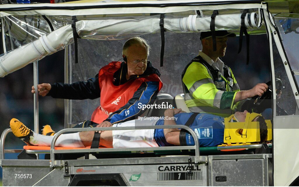 17 May 2013; Fergus McFadden, Leinster, leaves the field with an injury in the second half accompanied by team doctor Professor Arthur Tanner. Amlin Challenge Cup Final 2012/13, Leinster v Stade Francais, RDS, Ballsbridge, Dublin. Picture credit: Stephen McCarthy / SPORTSFILE
