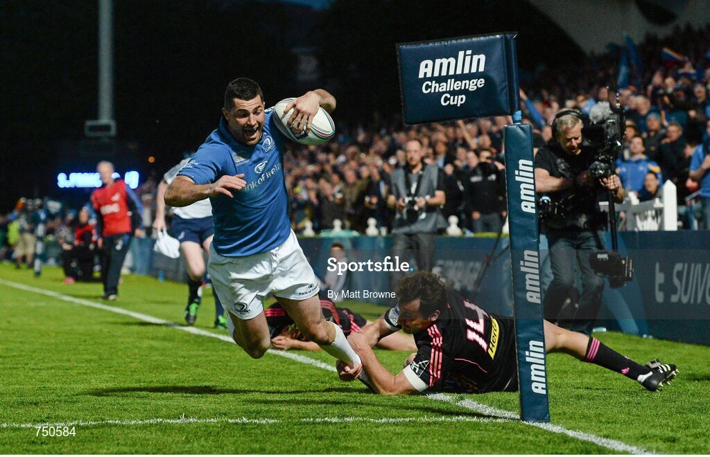 17 May 2013; Rob Kearney, Leinster, is tackled in to touch by Stade Francais' Jeremy Sinzelle, and the try was subsequently disallowed. Amlin Challenge Cup Final 2012/13, Leinster v Stade Francais, RDS, Ballsbridge, Dublin. Picture credit: Matt Browne / SPORTSFILE