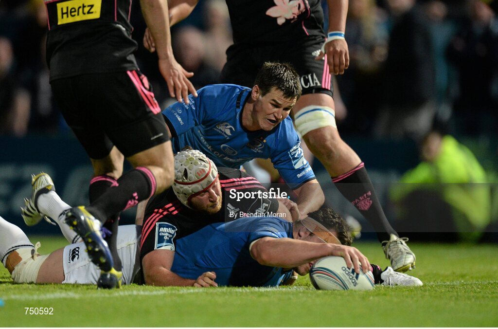 17 May 2013; Cian Healy, Leinster, goes over to score his side's fourth try. Amlin Challenge Cup Final 2012/13, Leinster v Stade Francais, RDS, Ballsbridge, Dublin. Picture credit: Brendan Moran / SPORTSFILE