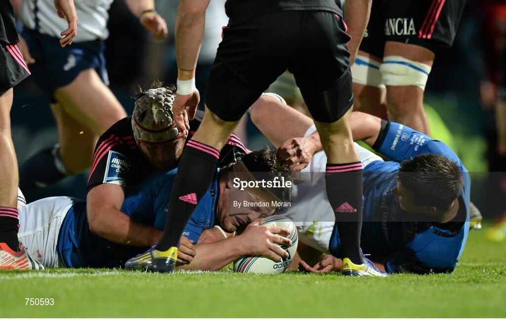 17 May 2013; Cian Healy, Leinster, goes over to score his side's fourth try. Amlin Challenge Cup Final 2012/13, Leinster v Stade Francais, RDS, Ballsbridge, Dublin. Picture credit: Brendan Moran / SPORTSFILE