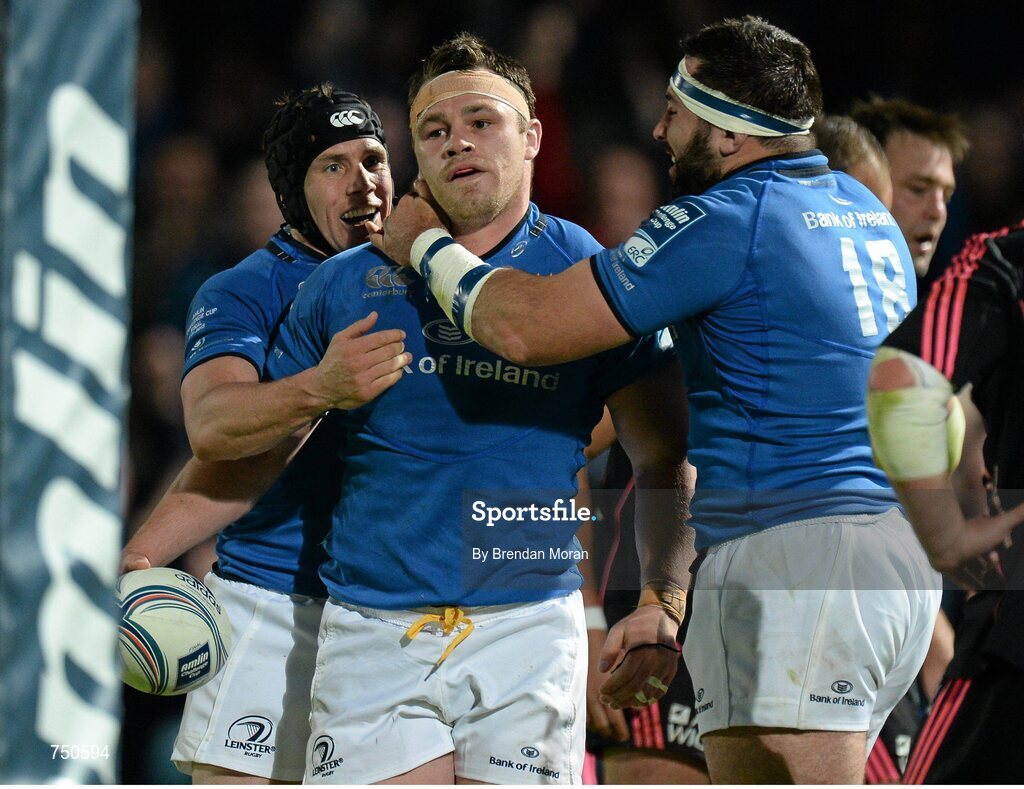 17 May 2013; Cian Healy, Leinster, is congratulated by team-mates Isaac Boss, left, and Jamie Hagan after scoring his side's fourth try. Amlin Challenge Cup Final 2012/13, Leinster v Stade Francais, RDS, Ballsbridge, Dublin. Picture credit: Brendan Moran / SPORTSFILE