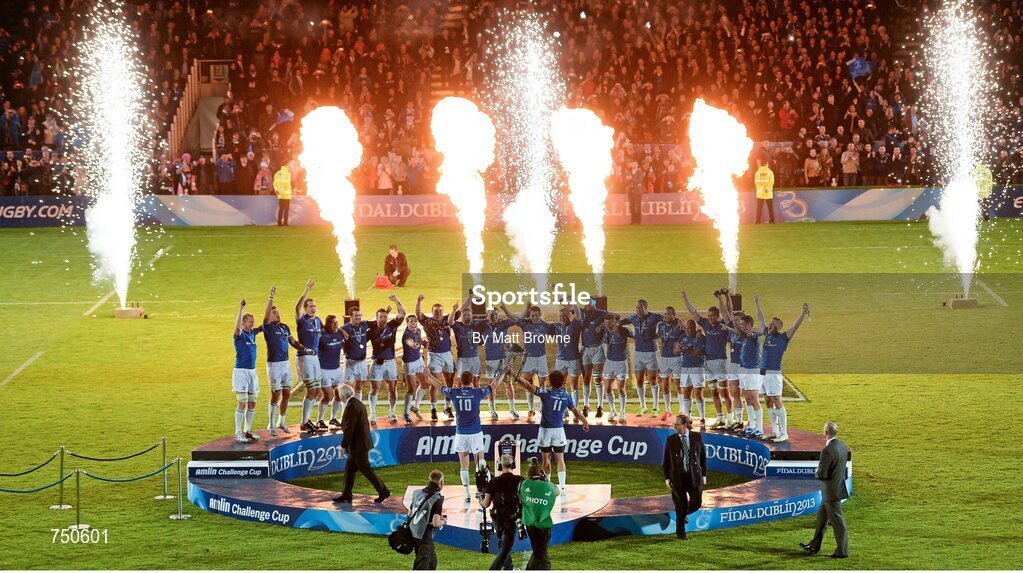17 May 2013; Leinster's Jonathan Sexton, left, and Isa Nacewa lift the cup. Amlin Challenge Cup Final 2012/13, Leinster v Stade Francais, RDS, Ballsbridge, Dublin. Picture credit: Matt Browne / SPORTSFILE