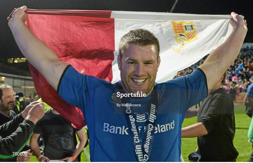 17 May 2013; Sean O'Brien, Leinster, with the Tullow flag celebrates his side's victory. Amlin Challenge Cup Final 2012/13, Leinster v Stade Francais, RDS, Ballsbridge, Dublin. Picture credit: Matt Browne / SPORTSFILE