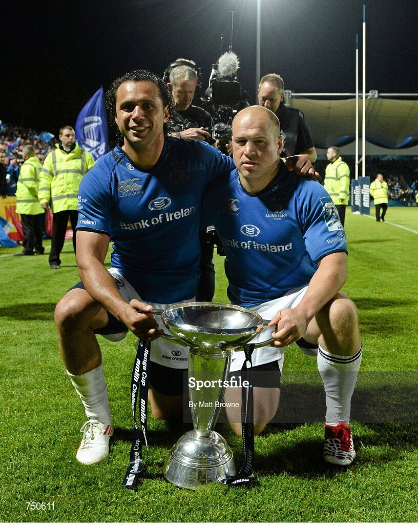 17 May 2013; Leinster players Isa Nacewa, left, and Richardt Strauss celebrate with the cup after the game. Amlin Challenge Cup Final 2012/13, Leinster v Stade Francais, RDS, Ballsbridge, Dublin. Picture credit: Matt Browne / SPORTSFILE