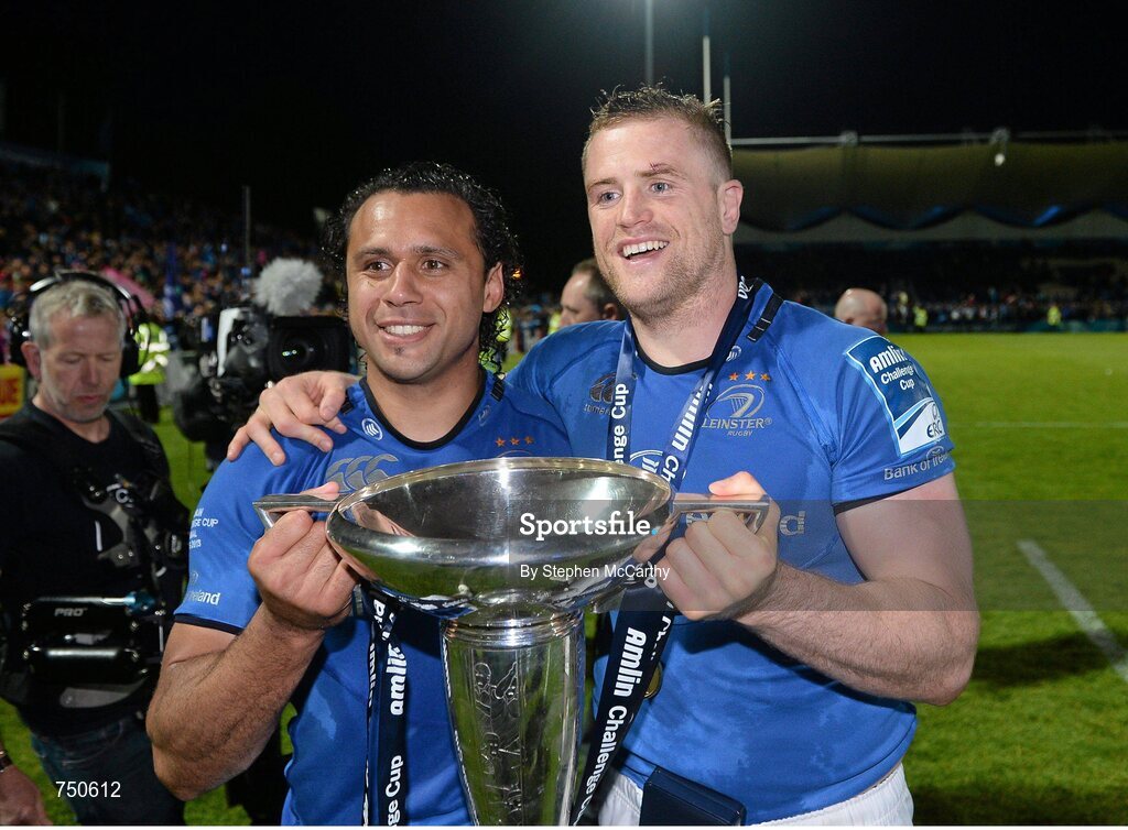 17 May 2013; Leinster's Isa Nacewa and Jamie Heaslip celebrate with the cup after the game. Amlin Challenge Cup Final 2012/13, Leinster v Stade Francais, RDS, Ballsbridge, Dublin. Picture credit: Stephen McCarthy / SPORTSFILE