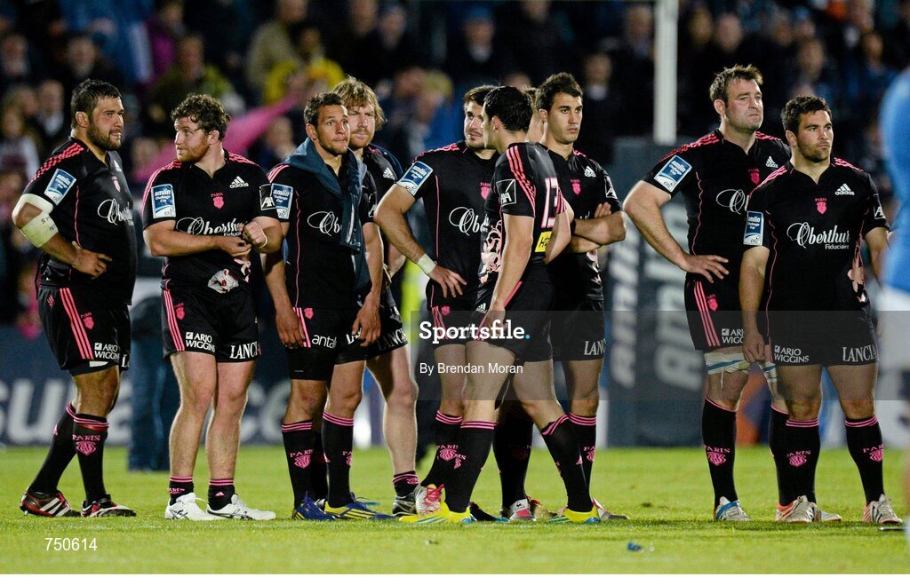 17 May 2013; Dejected Stade Francais players wait to receive their runner-up medals after the game. Amlin Challenge Cup Final 2012/13, Leinster v Stade Francais, RDS, Ballsbridge, Dublin. Picture credit: Brendan Moran / SPORTSFILE