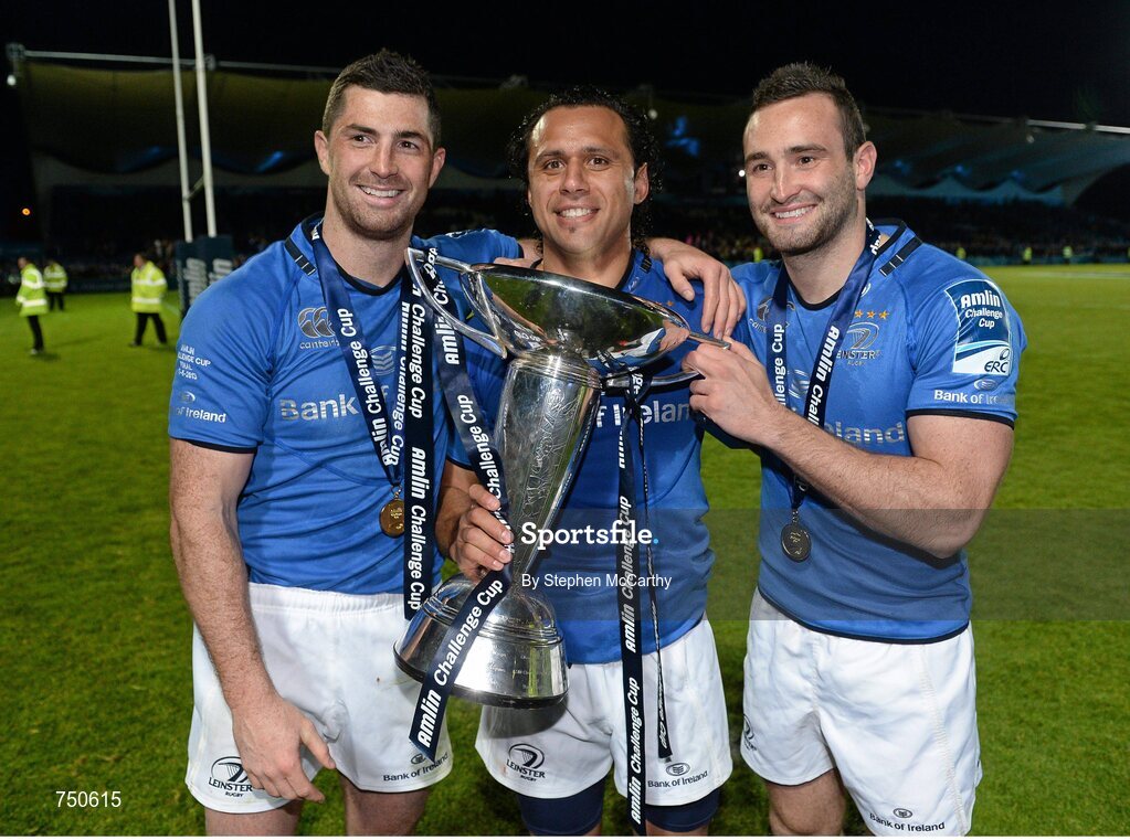 17 May 2013; Leinster's Isa Nacewa with Rob Kearney, left, and Dave Kearney, right, celebrate with the cup. Amlin Challenge Cup Final 2012/13, Leinster v Stade Francais, RDS, Ballsbridge, Dublin. Picture credit: Stephen McCarthy / SPORTSFILE