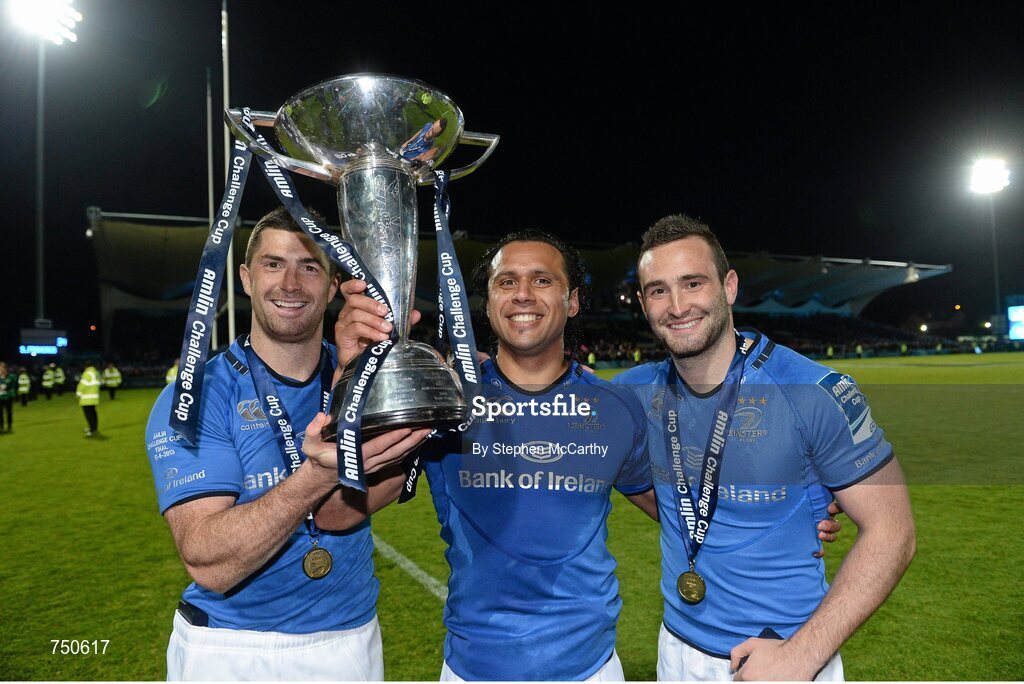 17 May 2013; Leinster's Isa Nacewa with Rob Kearney, left, and Dave Kearney, right, celebrate with the cup. Amlin Challenge Cup Final 2012/13, Leinster v Stade Francais, RDS, Ballsbridge, Dublin. Picture credit: Stephen McCarthy / SPORTSFILE