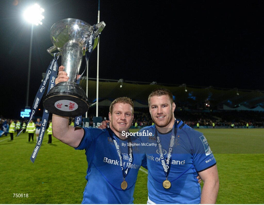 17 May 2013; Leinster's Sean Cronin, left, and Sean O'Brien celebrate with the cup. Amlin Challenge Cup Final 2012/13, Leinster v Stade Francais, RDS, Ballsbridge, Dublin. Picture credit: Stephen McCarthy / SPORTSFILE