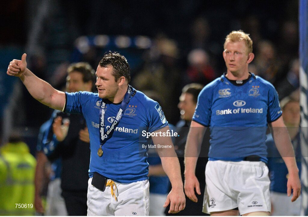 17 May 2013; Leinster's Cian Healy, left, and Leo Cullen celebrate after the game. Amlin Challenge Cup Final 2012/13, Leinster v Stade Francais, RDS, Ballsbridge, Dublin. Picture credit: Matt Browne / SPORTSFILE