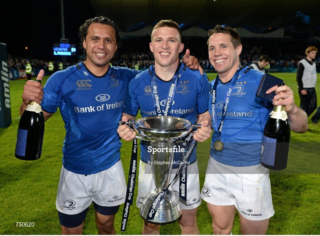 17 May 2013; Leinster's, from left, Isa Nacewa, Andrew Conway and Isaac Boss celebrate with the cup. Amlin Challenge Cup Final 2012/13, Leinster v Stade Francais, RDS, Ballsbridge, Dublin. Picture credit: Stephen McCarthy / SPORTSFILE
