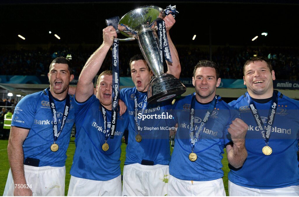 17 May 2013; Leinster players, from left, Rob Kearney, Sean Cronin, Jonathan Sexton, Fergus McFadden and Mike Ross celebrate with the cup. Amlin Challenge Cup Final 2012/13, Leinster v Stade Francais, RDS, Ballsbridge, Dublin. Picture credit: Stephen McCarthy / SPORTSFILE
