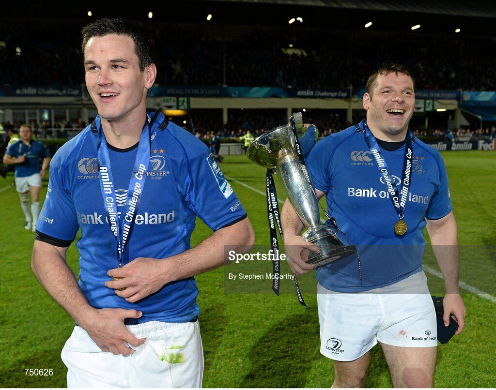 17 May 2013; Leinster players Jonathan Sexton and Mike Ross celebrate with the cup. Amlin Challenge Cup Final 2012/13, Leinster v Stade Francais, RDS, Ballsbridge, Dublin. Picture credit: Stephen McCarthy / SPORTSFILE