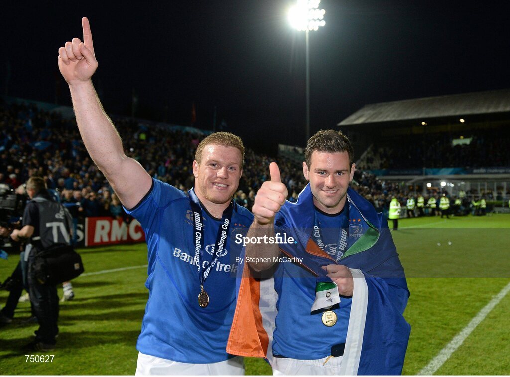 17 May 2013; Leinster's Sean Cronin, left, and Fergus McFadden celebrate after the game. Amlin Challenge Cup Final 2012/13, Leinster v Stade Francais, RDS, Ballsbridge, Dublin. Picture credit: Stephen McCarthy / SPORTSFILE