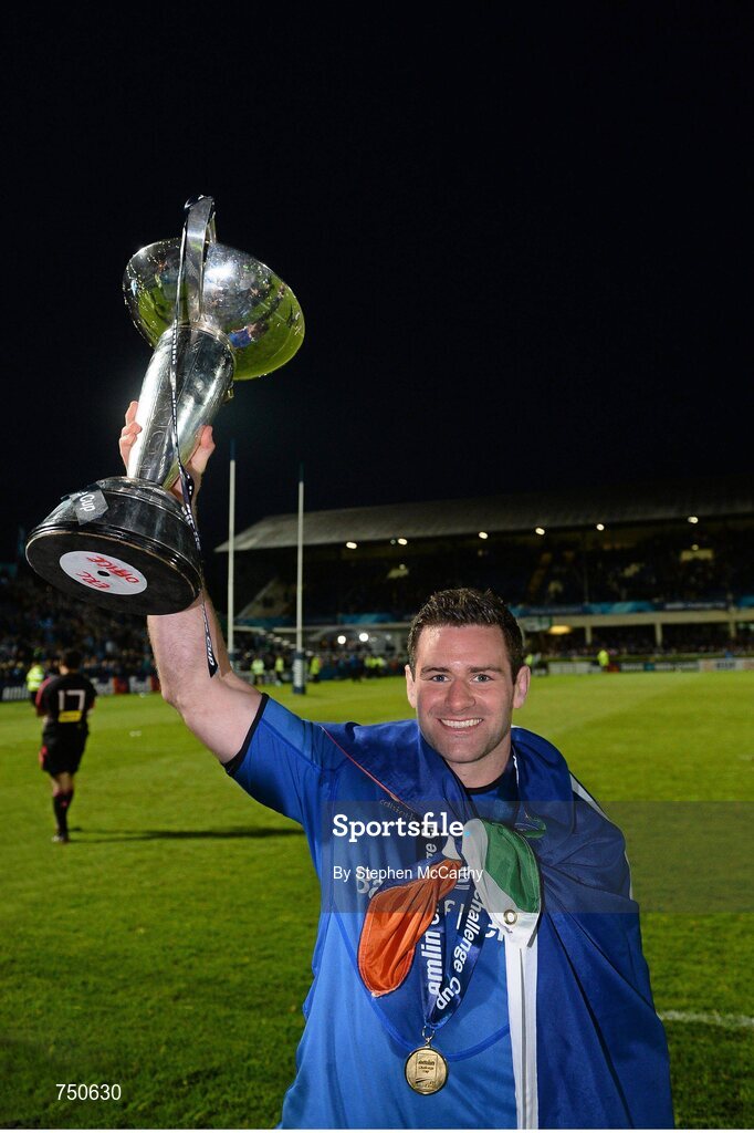 17 May 2013; Leinster's Fergus McFadden celebrates with the cup. Amlin Challenge Cup Final 2012/13, Leinster v Stade Francais, RDS, Ballsbridge, Dublin. Picture credit: Stephen McCarthy / SPORTSFILE