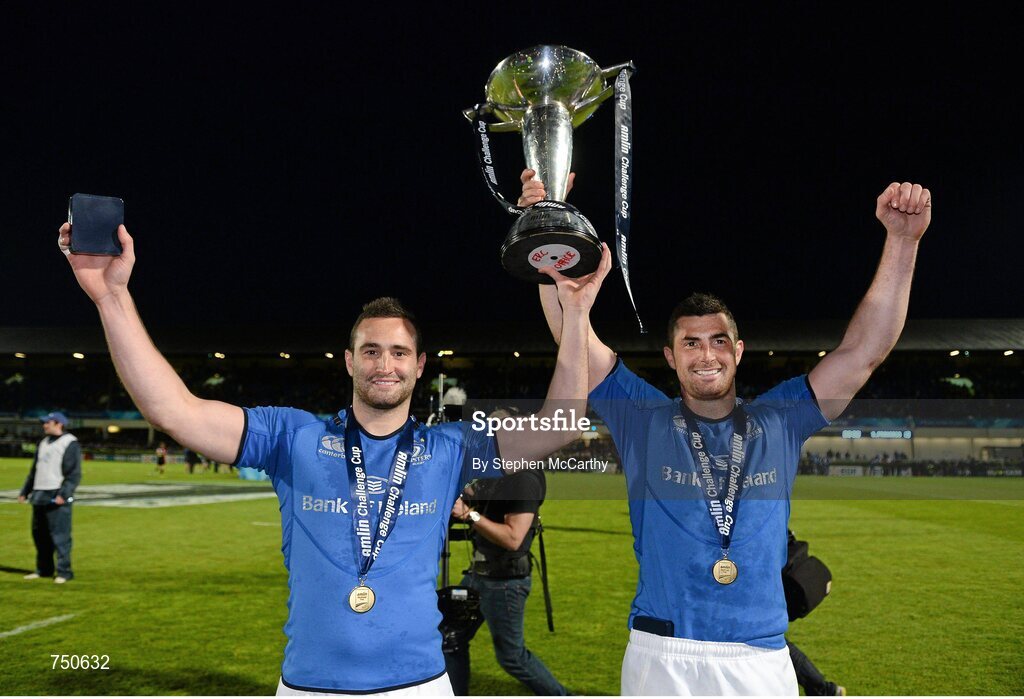 17 May 2013; Brothers Dave, left, and Rob Kearney, Leinster, celebrate with the cup. Amlin Challenge Cup Final 2012/13, Leinster v Stade Francais, RDS, Ballsbridge, Dublin. Picture credit: Stephen McCarthy / SPORTSFILE