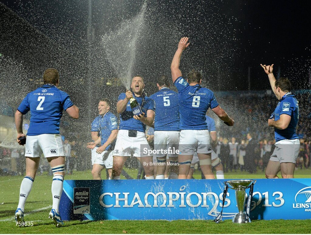 17 May 2013; Leinster captain Jamie Heaslip and his team-mates celebrate after the game. Amlin Challenge Cup Final 2012/13, Leinster v Stade Francais, RDS, Ballsbridge, Dublin. Picture credit: Brendan Moran / SPORTSFILE