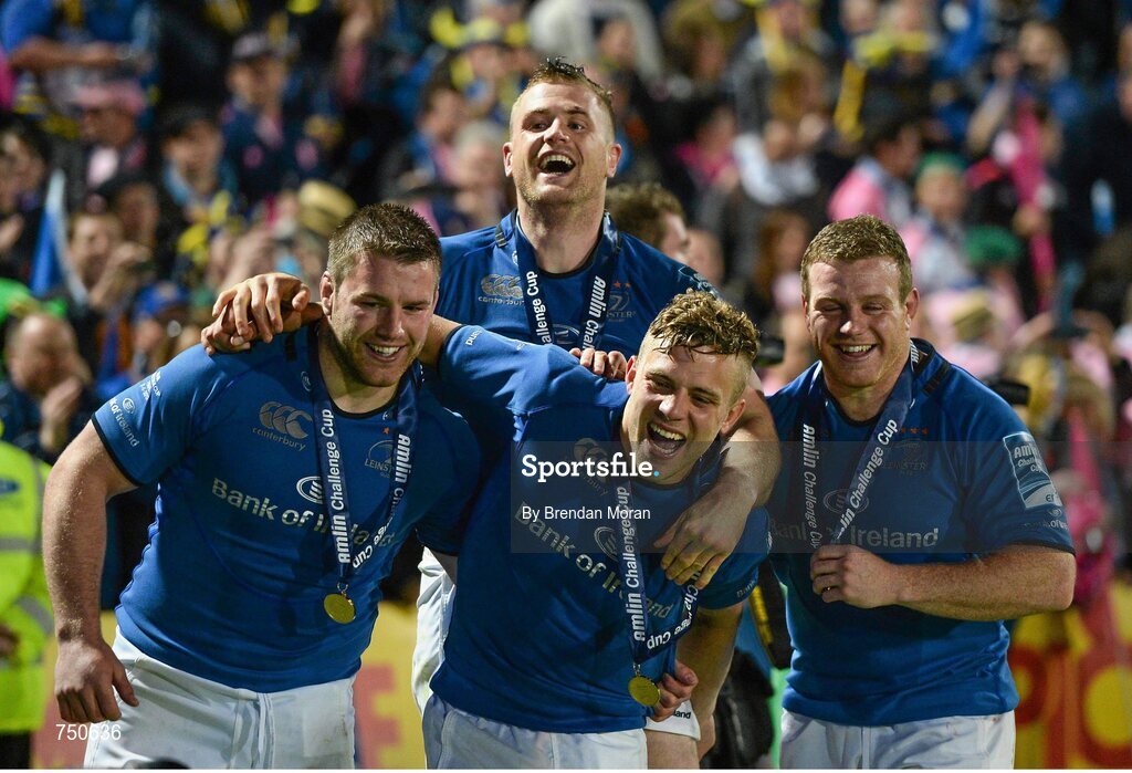 17 May 2013; Leinster players, from left, Sean O'Brien, Jamie Heaslip, Ian Madigan and Sean Cronin celebrate after the game. Amlin Challenge Cup Final 2012/13, Leinster v Stade Francais, RDS, Ballsbridge, Dublin. Picture credit: Brendan Moran / SPORTSFILE