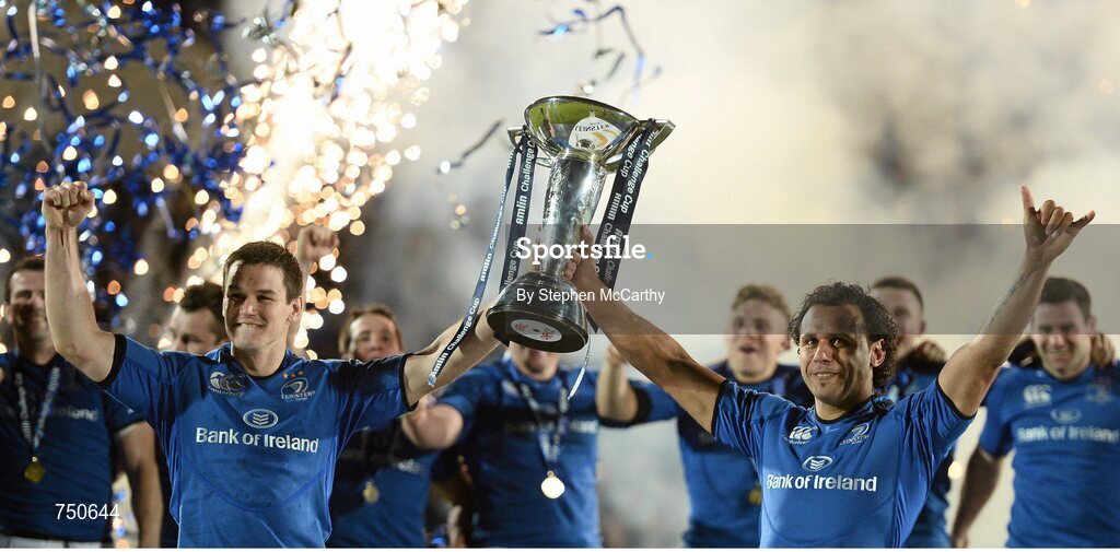 17 May 2013; Leinster's Jonathan Sexton, left, and Isa Nacewa lift the Amlin Challenge Cup. Amlin Challenge Cup Final 2012/13, Leinster v Stade Francais, RDS, Ballsbridge, Dublin. Picture credit: Stephen McCarthy / SPORTSFILE