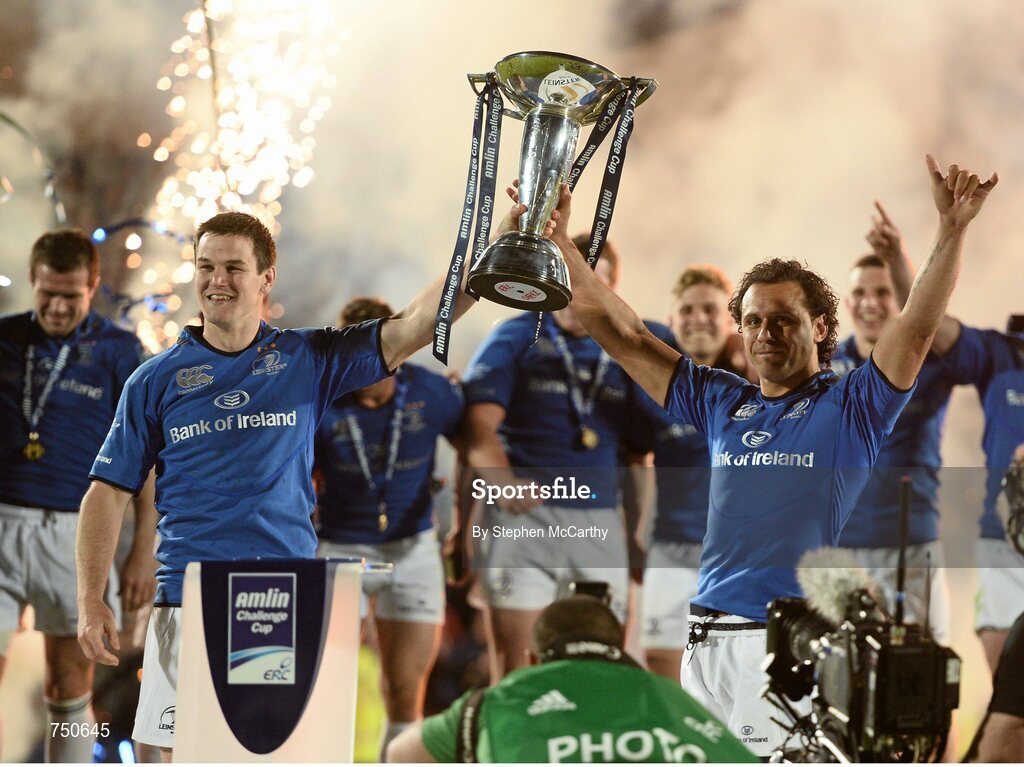 17 May 2013; Leinster's Jonathan Sexton, left, and Isa Nacewa lift the Amlin Challenge Cup. Amlin Challenge Cup Final 2012/13, Leinster v Stade Francais, RDS, Ballsbridge, Dublin. Picture credit: Stephen McCarthy / SPORTSFILE