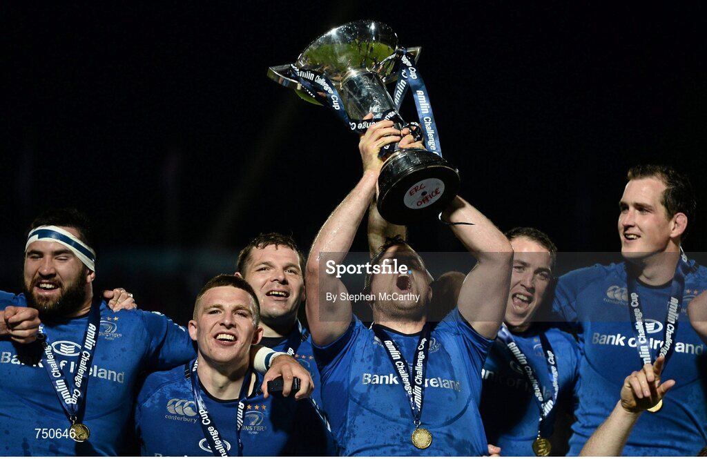 17 May 2013; Leinster's Jamie Heaslip and team-mates lift the Amlin Challenge Cup. Amlin Challenge Cup Final 2012/13, Leinster v Stade Francais, RDS, Ballsbridge, Dublin. Picture credit: Stephen McCarthy / SPORTSFILE