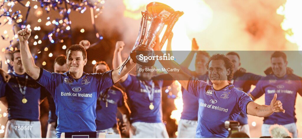 17 May 2013; Leinster's Jonathan Sexton, left, and Isa Nacewa lift the Amlin Challenge Cup. Amlin Challenge Cup Final 2012/13, Leinster v Stade Francais, RDS, Ballsbridge, Dublin. Picture credit: Stephen McCarthy / SPORTSFILE