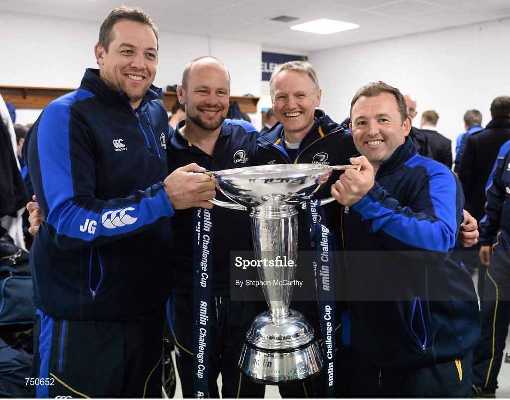 17 May 2013; Leinster coaches, from left, forwards coach Jono Gibbes, scrum coach Greg Feek, head coach Joe Schmidt and skills and kicking coach Richie Murphy with the Amlin Challenge Cup following their victory. Amlin Challenge Cup Final 2012/13, Leinster v Stade Francais, RDS, Ballsbridge, Dublin. Picture credit: Stephen McCarthy / SPORTSFILE