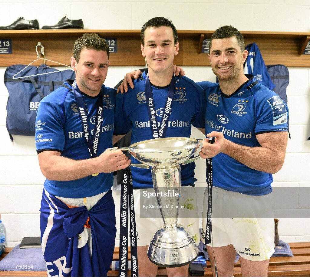 17 May 2013; Leinster's Fergus McFadden, left, Jonathan Sexton and Rob Kearney with the Amlin Challenge Cup following their victory. Amlin Challenge Cup Final 2012/13, Leinster v Stade Francais, RDS, Ballsbridge, Dublin. Picture credit: Stephen McCarthy / SPORTSFILE