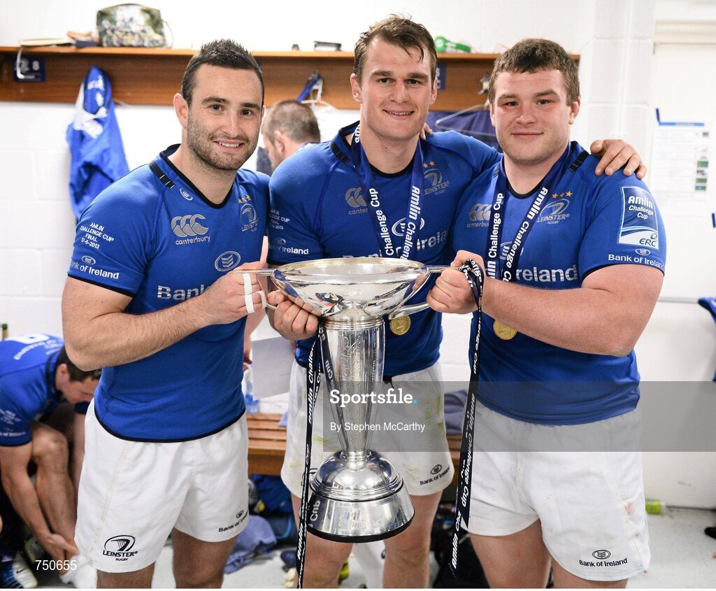 17 May 2013; Leinster's Dave Kearney, left, Rhys Ruddock and Jack McGrath, right, with the Amlin Challenge Cup following their victory. Amlin Challenge Cup Final 2012/13, Leinster v Stade Francais, RDS, Ballsbridge, Dublin. Picture credit: Stephen McCarthy / SPORTSFILE