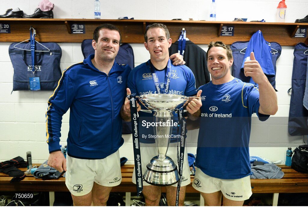 17 May 2013; Leinster's Shane Jennings, Andrew Goodman and Isaac Boss with the Amlin Challenge Cup following their victory. Amlin Challenge Cup Final 2012/13, Leinster v Stade Francais, RDS, Ballsbridge, Dublin. Picture credit: Stephen McCarthy / SPORTSFILE